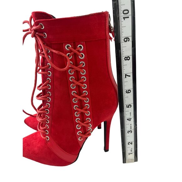 PrettyLittleThing Red Suede Lace Up High Heel Ankle Boots Size 7 - Picture 12 of 12